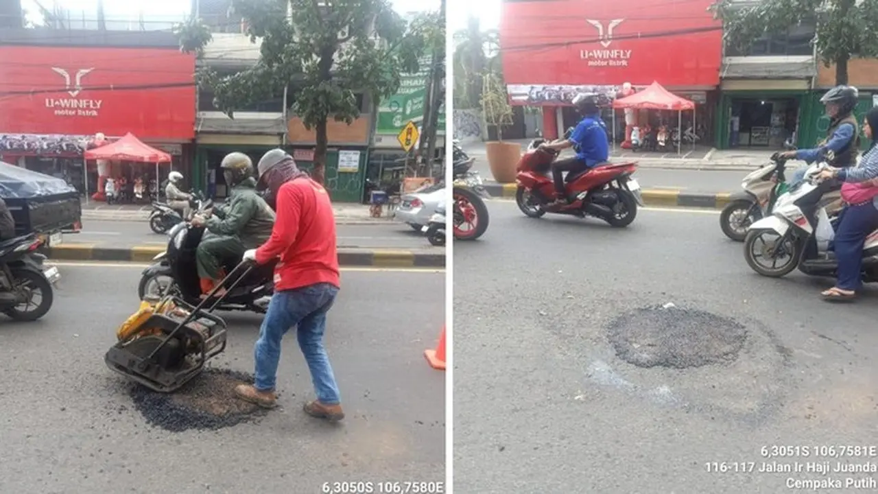 Seorang Pengemudi Sepeda Motor Mengalami Kecelakaan Dan Patah Tulang Kaki Akibat Jalan Berlubang Di Tangsel. Lubang Di Jalan Tersebut Sudah Ditambal. (dok. Istimewa)
