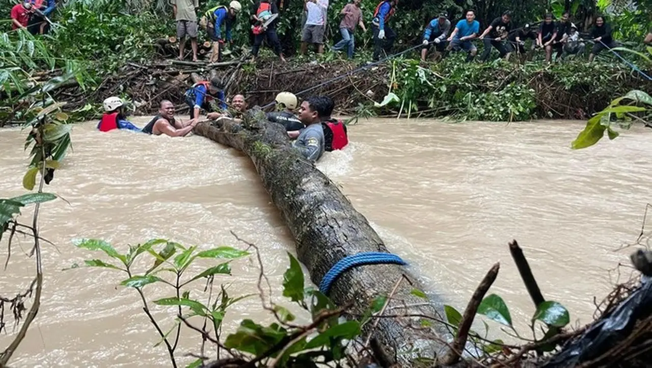 Foto: Warga Singandaru Memotong Pohon Yang Tumbang Di Sungai Cibanten Untuk Mencegah Banjir. (dok.istimewa)