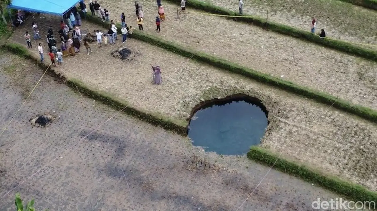 Foto: Sinkhole Di Tengah Sawah, Limapuluh Kota, Sumatera Barat, Ramai Didatangi Warga. (jeka Kampai/detikcom)