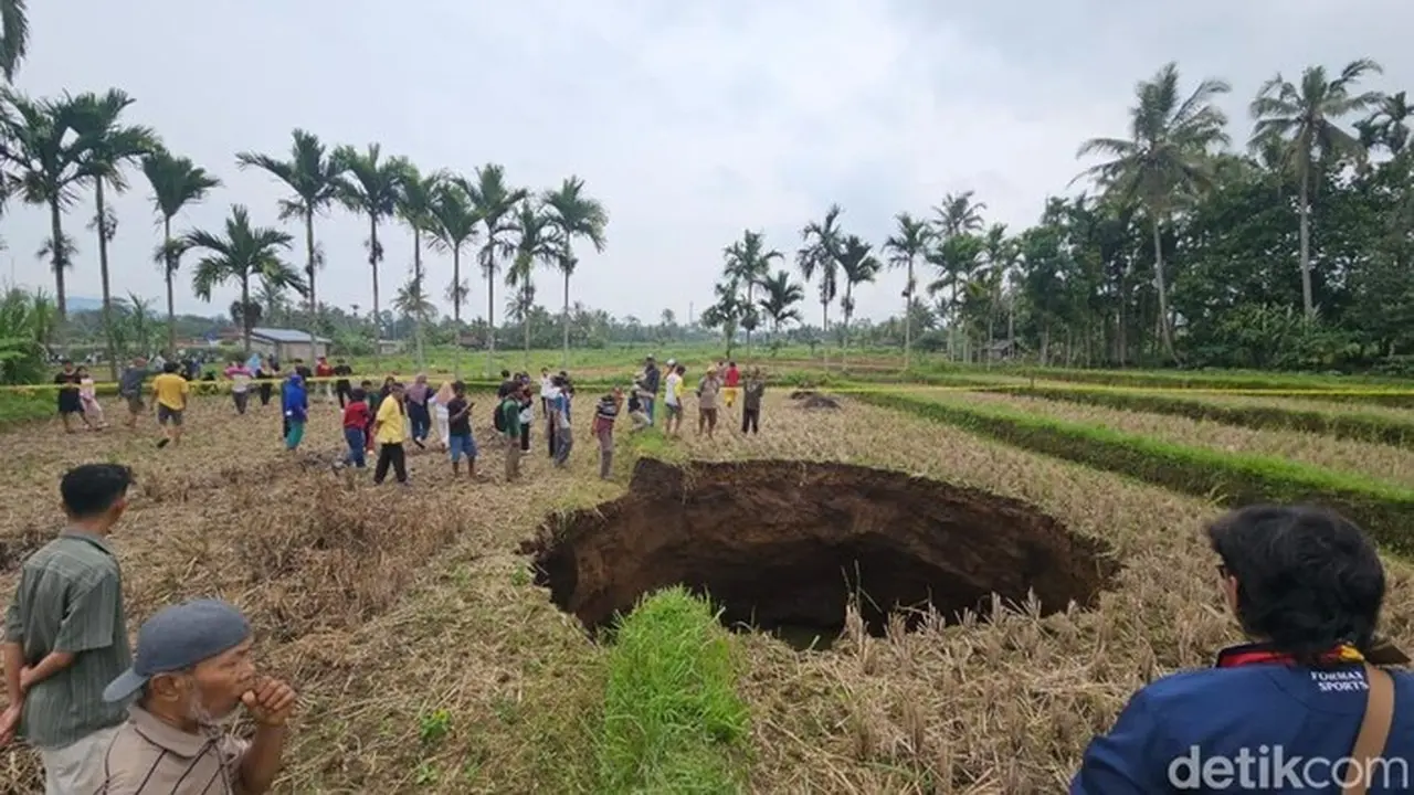 Foto: Sebuah Lubang Raksasa Muncul Di Tengah Lahan Persawahan Milik Warga Dii Nagari Situjuah Batua, Kabupaten 50 Kota, Sumbar. (jeka Kampai/detiksumut)