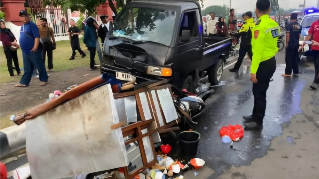 Pikap Oleng di Pakansari Bogor, Tabrak Pesepeda, Motor, dan Gerobak Bakso
